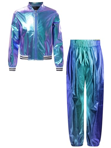 Linjinx Kids Boys Girls Hip Hop Modern Dance Outfit Shiny Metallic Long Sleeve Jacket and Dance Pants Set Tracksuit