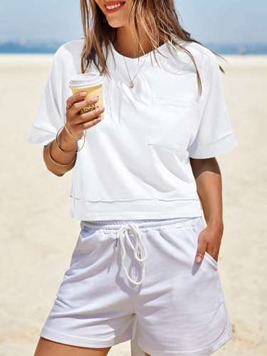 Fisoew Womens Oversized Crop Tops Workout Short Sleeve T Shirts Summer Casual Loose Fit Basic Tee Shirts with Pockets2
