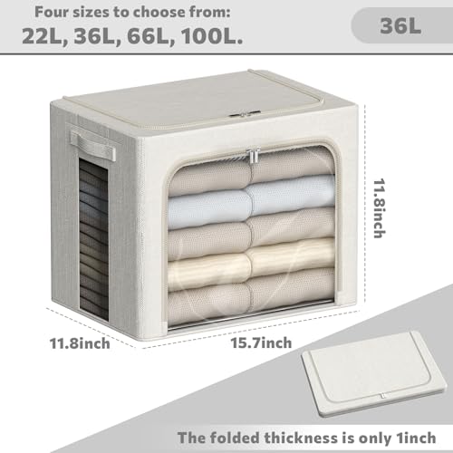 Image of FHSQX 2 Pack Clear Window Storage Bins - Large Stackable Linen Fabric Storage for Clothes Foldable Container Organizer Set with Carrying Handles (Lvory White, 15.7x 11.8x 11.7 Inch)