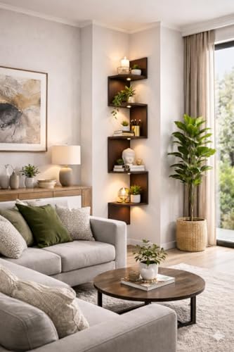 Image of 5-Tier Zigzag Corner Wall Mount Shelf, Modern Wooden Floating Corner Shelf, Space Saving Wall Storage for Living Room, Bedroom, Office, Books, Plants, Decor (Brown, 5)