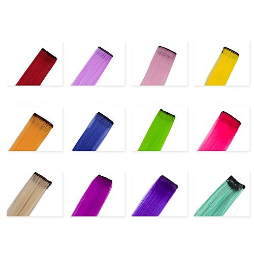Foto von Farbige Haarverlängerung Clips 12 Farben Bunte Haarsträhnen Glatte Regenbogen Gerade(DIY) Weihnachten Für Mädchen Kinder Synthetisch Haarteil 24 Stück