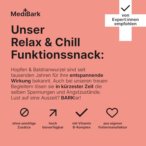 MediBark Relax & Chill – Hundeleckerli mit Baldrian & Passionsblume – Natürliches Beruhigungsmittel für Hunde – Mit Vitamin-B-Komplex – Hunde Leckerlis gegen Stress & Angst – 225 Stück