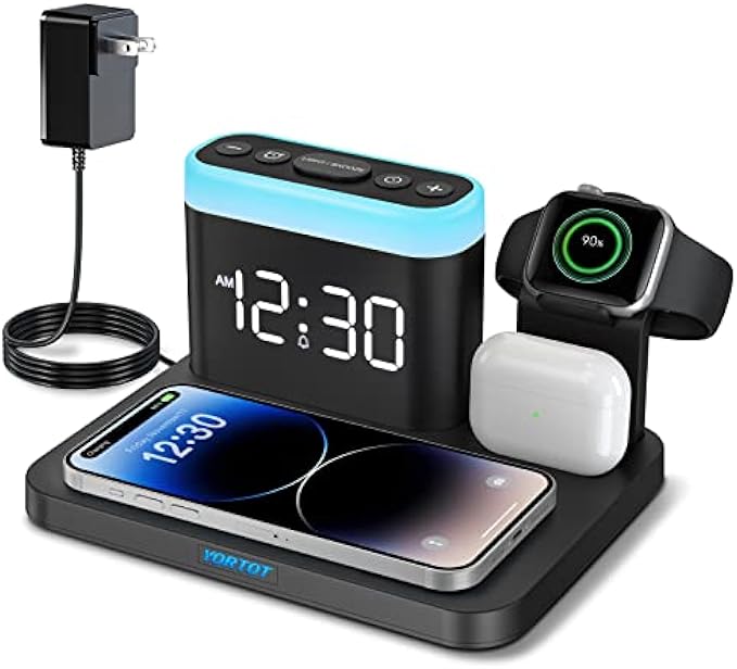 Wireless Charging Station, 5 in 1 Wireless Charger Stand with Alarm Clock, 7 Night Lights, Charging Dock for iPhone 14/13/12/11/Pro/Max/XR/XS/X/Samsung Phone, Apple Watch 8/7/6/5/SE, AirPods Pro/3/2/1