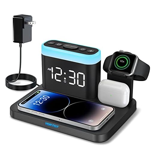 Wireless Charging Station, 5 in 1 Wireless Charger Stand with Alarm Clock, 7 Night Lights, Charging Dock for iPhone 14/13/12/11/Pro/Max/XR/XS/X/Samsung Phone, Apple Watch 8/7/6/5/SE, AirPods Pro/3/2/1