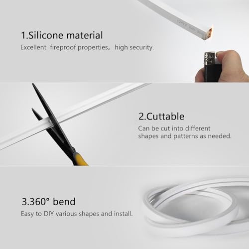 YOODI Neon LED Strip Lights 15M 220V Cuttable Silicone Rope Light 10X10mm Flexible Outdoor Fireproof Waterproof IP65 6000K White for Bedroom Decor Kitchen Home