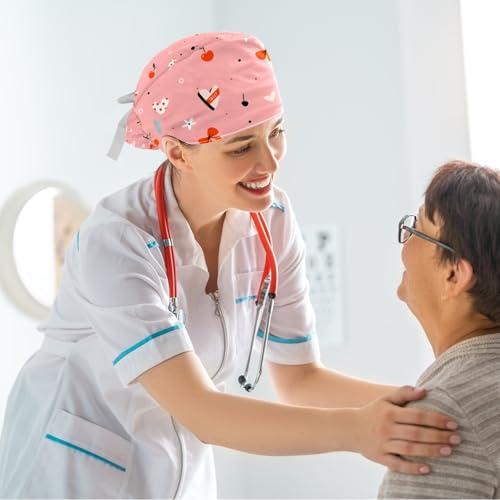 Image of Women's Working Caps Bouffant Surgical Cap with Bow Scrunchies Little Daisy Art Paint Ponytail Holder Tie Back Scrub Hat