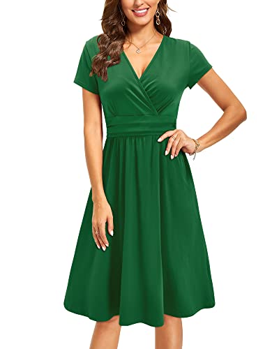 Image of Newshows Womens Summer Short Sleeve Casual Dresses V Neck Floral Vacation Sundress Faux Wrap Midi Dress with Pockets