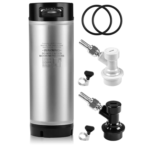 Hgkeke New 5 Gallon Ball Lock Keg, 304SS Corny Keg with Ball Lock Quick Disconnect & Dual Rubber Handles Bottom -Portable Beer Disperse with 2 Lid Gaskets 2 Hose Clamps - Ideal for Homebrew Party