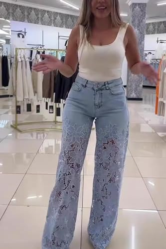 Women's Lace Patchwork Jeans High Waisted Straight Wide Leg Hollow Out Sheer Flower Baggy Stetch Denim Pants2