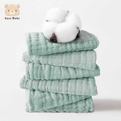 Image of Ease Cubs 12 Pack Muslin Washcloths for Baby - 100% Cotton Baby Wash Cloths for or Baby Face Body Comfy and Soft for Newborn Infants Kids Girls and Boys - 12 inchx12 inch - Green
