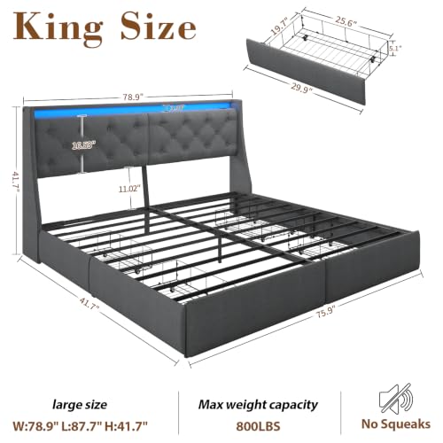 Image of Upholstered King Size Bed Frame with 4 Storage Drawers and LED Lights
