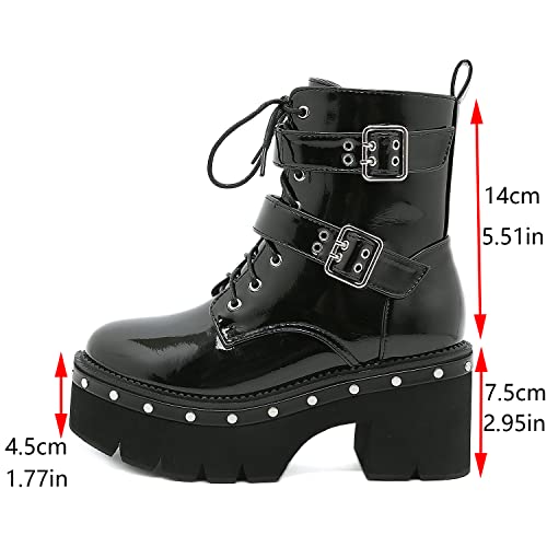 Chaussures vintage confort en cuir verni noir avec finitions rivets et boucles