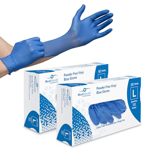 Farla MediHands Blue Large Vinyl Gloves - Box of 200 Disposable Vinyl Medical Glove - Powder Latex & Protein Free Glove - Multi-Purpose Single Use Surgical Gloves