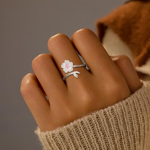 SUYACS S925 Sterling Silver Cherry Blossom Flower Rings for Women Lucky Pink Birthstone Leaf Adjustable Ring Cute Sweet CZ Crystal Open Engagement Statement Promise Ring Birthday Jewelry for Her2