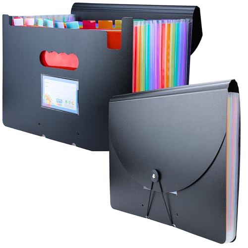 Image of SPS A4 Expanding File Folder - 13 Pockets | Black | Durable & Waterproof | Snap Button Closure | Fits A4 & Letter Size | Portable Accordion Document Organizer