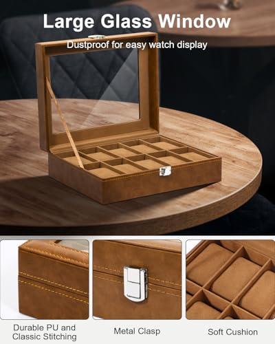 Image of Uten 10-Slot Watch Box, PU Leather Watch Case with Glass Lid, Brown | Watch Jewelry Storage Organizer Display with Velvet Lining, fits Watch Size up to 48mm, Gift for Men and Women, Celebration