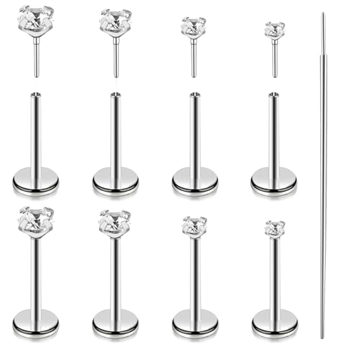 Telooco 8Pcs 20G Flat Back Nose Stud Surgical Steel Threadless Labret Studs Silver Tragus Piercing Cartilage Earrings Helix Medusa Piercing Jewellery with 1 Tapered Insert Pin (1.5mm/2mm/2.5mm/3mm)