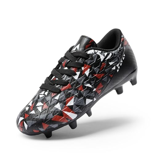 DREAM PAIRS Boys Girls Soccer Cleats Youth Firm Groud Athletic Outdoor Trainning Football Shoes for Little/Big Kid,Size 13 Little Kid,Black/Red,HZ19003K