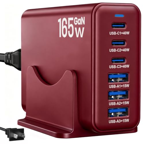 Image of 165W Charging Station, 6 Port Desktop Charger, 3 Ports 40W Red