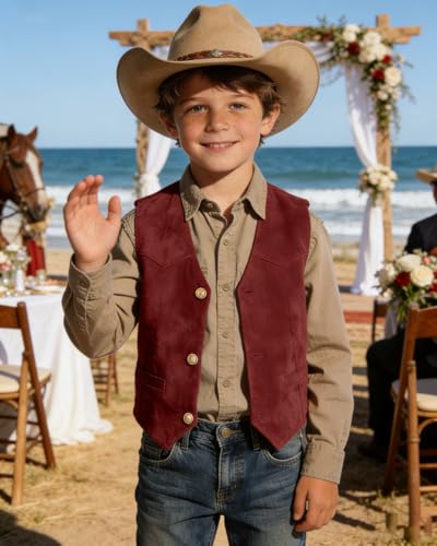 Image of Retro Boys Western Cowboy Vest for Kids Leather Suede Waistcoat | vintage dress vests, welt pockets, v-neck, adjustable waist, formal slim fit, wedding outfit, farm christmas birthday prom
