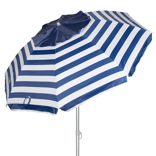 AKTIVE 62405 Parasol de plage anti-vent 240 cm, 8 baleines en fibre, protection UV50, inclinable, ventilation max + air, mât en métal 28/32 mm, tissu Oxford 90 g, housse incluse, Marinière