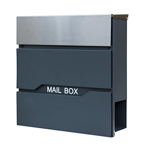 Preisvergleich Produktbild HENGMEI Design Briefkasten mit Zeitungsrolle Postkasten Wandbriefkasten Mailbox Groß Zeitungsfach Edelstahl pulverbeschichtet, Anthrazit / Silber (F Modell)