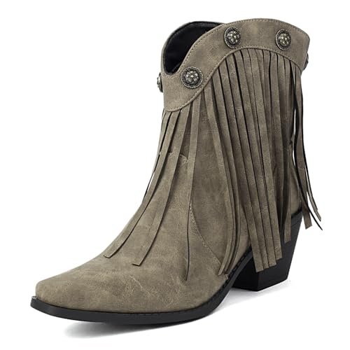 Women's Western Fringed Cowboy Ankle Boots Retro Square Toe Chunky Heels Tassels Cowgirl Short Booties