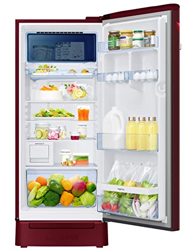 Image of Samsung 209L 3 Star Inverter Direct-Cool Single Door Digi-Touch Curd Maestro Refrigerator Appliance (RR23C2K33RZ /HL,Midnight Blossom Red) Base Stand Drawer