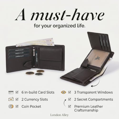 Image of LONDON ALLEY Slavia Black Leather Wallet for Men, 6 Card Slot | RFID Protected