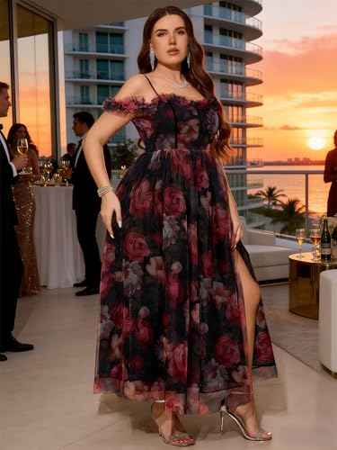 Image of EYWOL Plus Size Formal Wedding Guest Cocktail Party Floral Dress with Slit | Plus Size,Floral,Tulle,Midi,Sweetheart,Off Shoulder,A Line,Gown,Wedding Guest,Cocktail,Prom,Strapless,Formal,Party,Evening