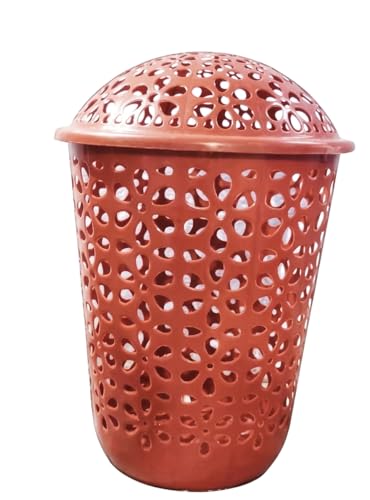 Image of Plastic Laundry Basket with Lid, Terracotta, Cutwork Design, Round