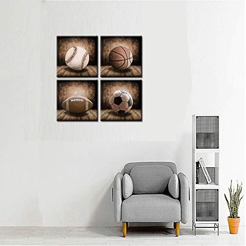 Rustic Soccer Football Baseball Basketball On Vintage Wood Grain Floor Fine Art Prints Sports Decor Soccer Nursery For Kids Boy Room Decoration,Framed (Vintage, 12X12Inchx4Pcs (30X30Cmx4Pcs)) #TOP1