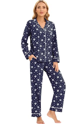 Image of LUBOT 100% Cotton Pajamas for Women Pajama Set 2 Piece PJ Sleepwear Set Soft Ladies Button Knit Long Sleeve Loungewear XS-XXL