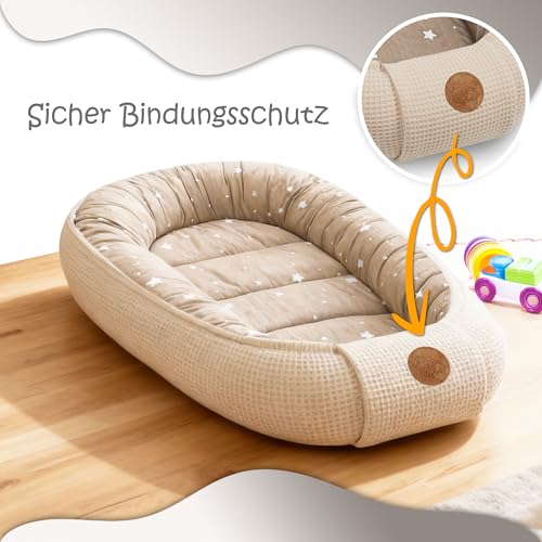 Babynest Neugeborene Nestchen Baby 90x50 cm - Kokon Handmade zweiseitig aus Baumwolle Waffel mit Babynestchen Tiere Blau – Ansicht 4