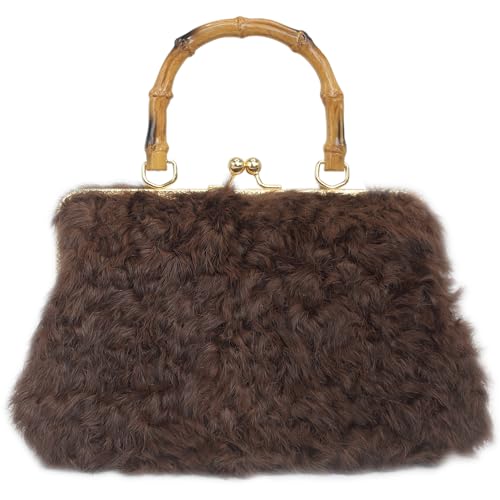 Luxury Faux Karakul Curly Rabbit Fur Handbag with Bamboo-Style Handle and Gold Kisslock Frame