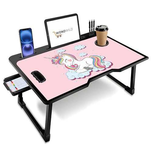 Image of WONDWILD Premium Foldable Wooden Mini Laptop Table for Bed, Study Table with Drawer, Tablet /Mobile Holder for Kids & Adults (UK COTTED)
