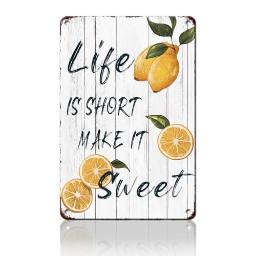 KIYOYO Vintage Life is Short Make It Sweet Metal Sign Funny Lemon Tin Poster Home Kitchen Garden Office Bar Pub Wall Decor 16x12 Inch