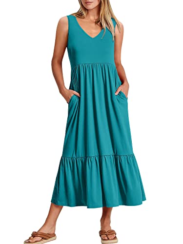 ANRABESS Women Summer Maxi Dresses A-line Tiered Flowy V Neck Sleeveless Swing 2026 Casual Beach Travel Sundress with Pockets