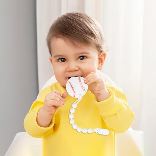 Image of Baby Food Grade Silicone Sport Ball Teether Toy with Pacifier Clip Holder,Teething Toys Gift Set for 3 Months+ Boys and Girls,Freezer Safe,BPA Free. (Baseball)