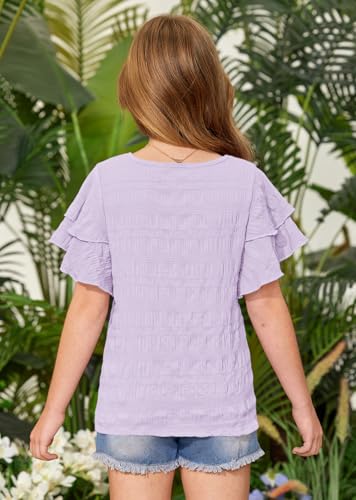 Image of Girls Summer Crewneck Tee Shirts Double Ruffle Short Sleeve Stretch Textured Fabric Casual Blouse 5-14 Years