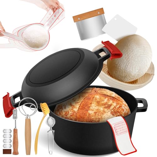 Cast Iron Dutch Oven Bread Baking Kit – 10-Piece Set with Banneton Basket, Dough Scraper, pizza shovel,Bread Lame, Whisk, Brush, and Silicone Grips with Skillet Lid Cooking Pan Handles Lame, 5QT