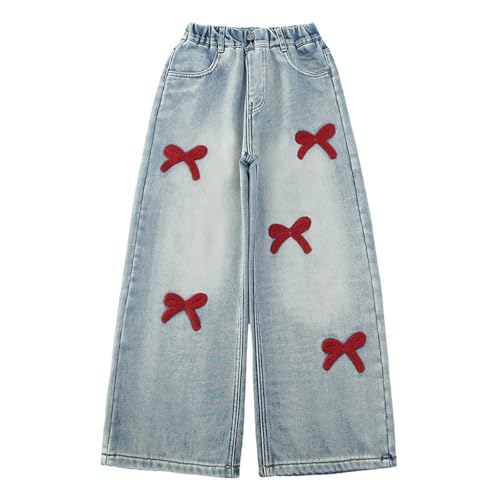 Jeans for Girls Baggy Wide Leg Cute Bow Love Heart High Elastic Waisted Denim Pants Y2K Streetwear Preppy Clothes 5-14Y4