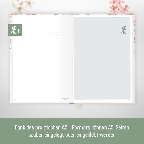 paper&you® Notatnik A5+ w linie z gumką "Wild Blossoms" 156 stron, 78 kartek, papier premium 100 g/m² - jako dziennik, pamiętnik, notatnik - zrównoważony i przyjazny dla klimatu