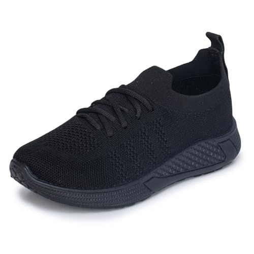 Image of TRASE Black School Shoes for Boys & Girls | Slip-On Lace-Up Design with Flexible Sole | Lightweight & Breathable Knitted Upper | All Day Comfort