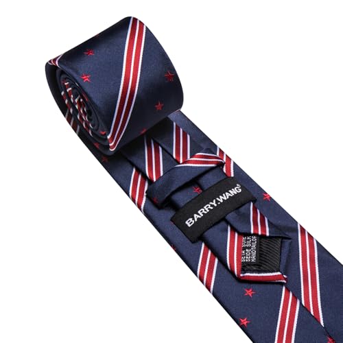 Image of Barry.Wang Mens Ties Extra Long Navy Blue Silk Striped Woven Necktie and Tie Clip Set Formal Business Wedding Festival