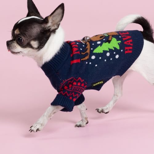 Image of Fitwarm Funny Moose Dog Ugly Christmas Sweater, Winter Dog Clothes for Small Dogs Girl Boy, Pet Xmas Outfit, Navy, Large