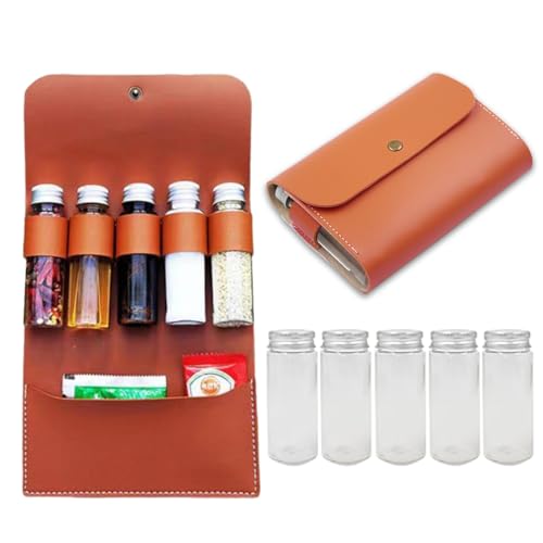 BY-J Camping Spice Kit with 5 Jars and Leather Holder
