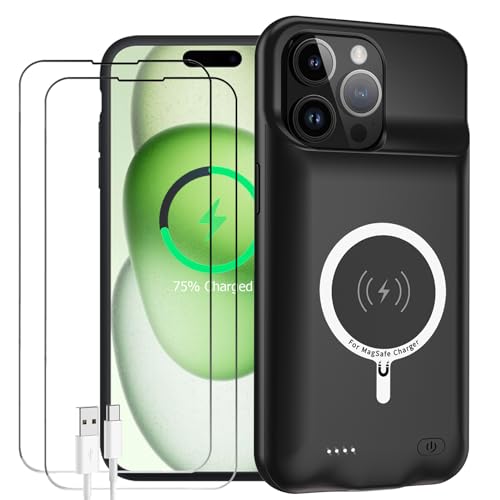 Battery Case for iPhone 15 Pro, Full Encircle 10000mAh High Capacity Rechargeable Portable Charger Case Extended Battery Pack for iPhone 15 Pro(6.1 inch) Wireless Charging Case with Carplay-Black