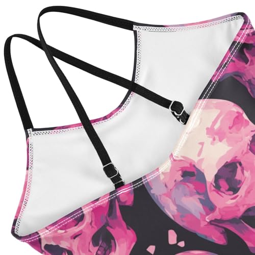 KLL Pink Skulls on A Black Background Girls' 1 Piecing Bathing Suit Beach Swimwear with Adjustable Straps Quick-Dry4