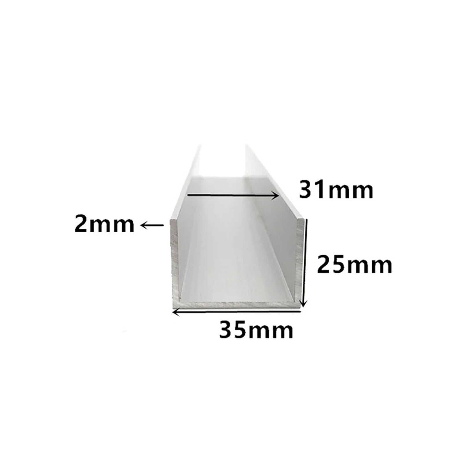 Perfil en U aluminio Perfil de aluminio en forma U, 35 mm x 25 2, ancho exterior, largo 50 cm, borde aleación recubierto vidrio
